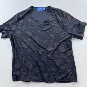 Vintage Marcy Allan Black Floral Shimmer Top L / XL Metallic Print Short Sleeve
